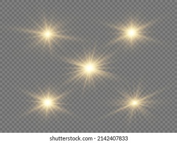 Gold glowing star. Sun flare with rays and spotlight. Golden sparks sparkle. Light flash gold png. Christmas lights effect with magic particles. Decorative sparkling yellow stars illumination. Vector.