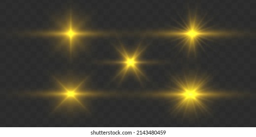 Gold glowing star. Sun flare with rays and spotlight. Golden sparks sparkle. Light flash gold png. Christmas lights effect with magic particles. Decorative sparkling yellow stars illumination. Vector.