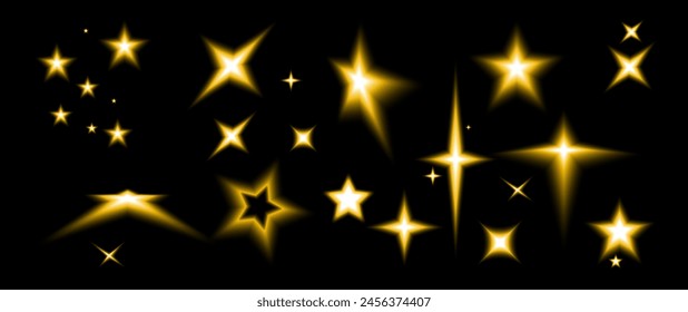 Gold Glowing Stars vector in various styles on black background.