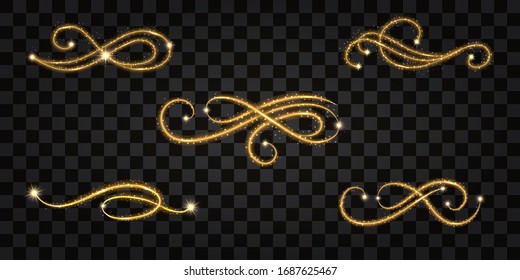 Gold glowing swirl. Set of decorative flourishes for your design. Light shine effect, golden wavel,  glittering sparkles snd stars. Vector illustration
