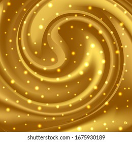 Gold glowing and swirl waves, luxurious shiny abstract background. Golden glitter sparkles, dynamic motion spiral pattern. Vector illustration