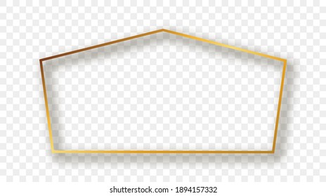 Marco de forma tetragón dorado con sombra aislada sobre fondo transparente. Marco brillante con efectos brillantes. Ilustración vectorial.