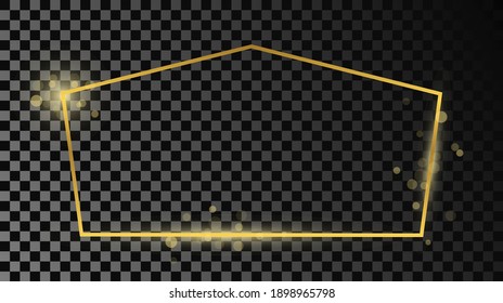 Gold glowing tetragon shape frame isolated on dark transparent background. Shiny frame with glowing effects. Vector illustration.