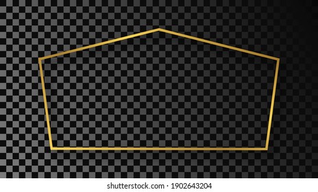 Gold glowing tetragon shape frame with shadow isolated on dark transparent background. Shiny frame with glowing effects. Vector illustration.