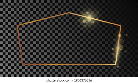 Gold glowing tetragon shape frame isolated on dark transparent background. Shiny frame with glowing effects. Vector illustration.