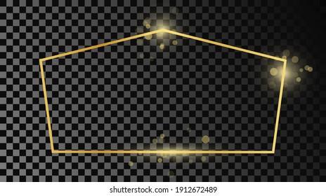 Marco de forma tetragón dorado aislado sobre fondo transparente oscuro. Marco brillante con efectos brillantes. Ilustración vectorial.