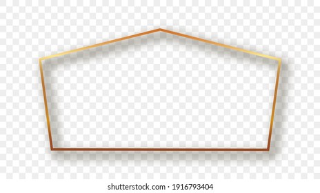 Marco de forma tetragón dorado con sombra aislada sobre fondo transparente. Marco brillante con efectos brillantes. Ilustración vectorial.