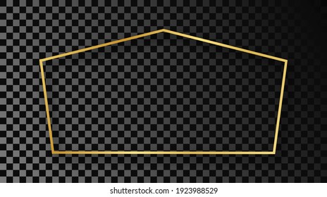 Gold glowing tetragon shape frame with shadow isolated on dark transparent background. Shiny frame with glowing effects. Vector illustration.