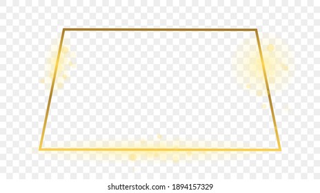 Goldener trapeziger Gestaltungsrahmen einzeln auf transparentem Hintergrund. Leuchtender Rahmen mit leuchtenden Effekten. Vektorgrafik.
