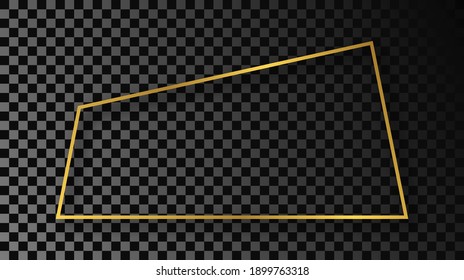 Goldener trapeziger Gestaltungsrahmen mit Schatten einzeln auf dunkeltransparentem Hintergrund. Leuchtender Rahmen mit leuchtenden Effekten. Vektorgrafik.