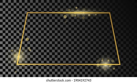 Gold glowing trapezoid shape frame isolated on dark transparent background. Shiny frame with glowing effects. Vector illustration.
