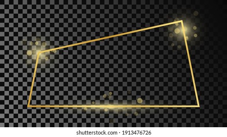 Marco de forma trapezoide brillante dorado aislado sobre fondo transparente oscuro. Marco brillante con efectos brillantes. Ilustración vectorial.