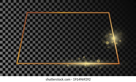 Gold glowing trapezoid shape frame isolated on dark transparent background. Shiny frame with glowing effects. Vector illustration.