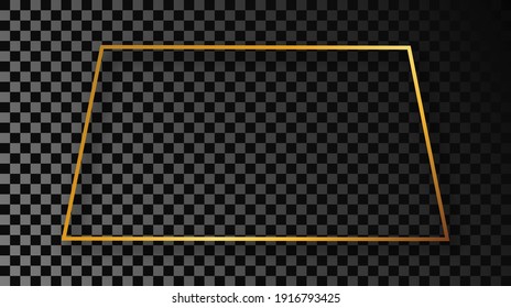 Gold glowing trapezoid shape frame with shadow isolated on dark transparent background. Shiny frame with glowing effects. Vector illustration.