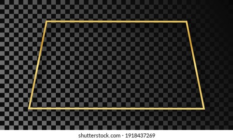 Gold glowing trapezoid shape frame with shadow isolated on dark transparent background. Shiny frame with glowing effects. Vector illustration.