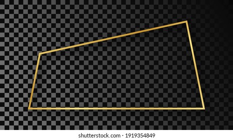 Goldener trapeziger Gestaltungsrahmen mit Schatten einzeln auf dunkeltransparentem Hintergrund. Leuchtender Rahmen mit leuchtenden Effekten. Vektorgrafik.