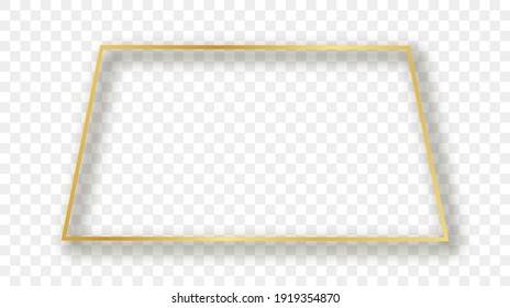 Marco de forma trapezoide brillante dorado con sombra aislada sobre fondo transparente. Marco brillante con efectos brillantes. Ilustración vectorial.