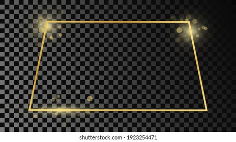 Goldener trapeziger Gestaltungsrahmen einzeln auf dunkeltransparentem Hintergrund. Leuchtender Rahmen mit leuchtenden Effekten. Vektorgrafik.