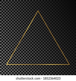 Gold glowing triangle frame isolated on dark transparent background. Shiny frame with glowing effects. Vector illustration.