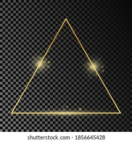 Gold glowing triangle frame isolated on dark transparent background. Shiny frame with glowing effects. Vector illustration.