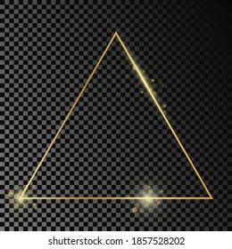 Marco triangular dorado aislado sobre fondo transparente oscuro. Marco brillante con efectos brillantes. Ilustración vectorial.