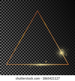 Gold glowing triangle frame isolated on dark transparent background. Shiny frame with glowing effects. Vector illustration.