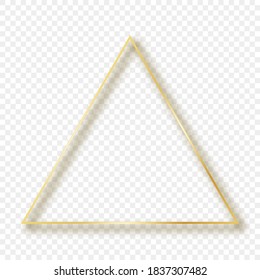 Marco triangular dorado con sombra aislada sobre fondo transparente. Marco brillante con efectos brillantes. Ilustración vectorial.