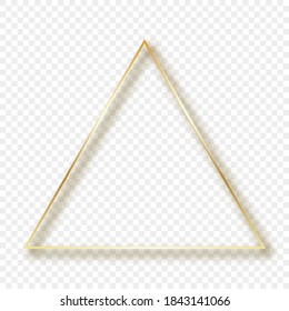 Gold glowing triangle frame with shadow isolated on transparent background. Shiny frame with glowing effects. Vector illustration.