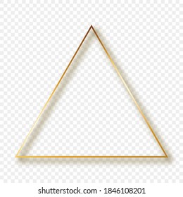 Marco triangular dorado con sombra aislada sobre fondo transparente. Marco brillante con efectos brillantes. Ilustración vectorial.