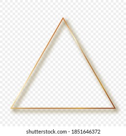 Marco triangular dorado con sombra aislada sobre fondo transparente. Marco brillante con efectos brillantes. Ilustración vectorial.