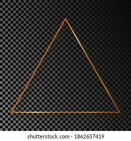 Gold glowing triangle frame with shadow isolated on dark transparent background. Shiny frame with glowing effects. Vector illustration.