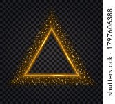 Gold glowing triangle. Glittering sparkles and stardust, golden border. Triangular shape, realistic effect, isolated object on dark transparent background. Vector illustration