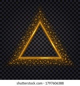 Gold glowing triangle. Glittering sparkles and stardust, golden border. Triangular shape, realistic effect, isolated object on dark transparent background. Vector illustration