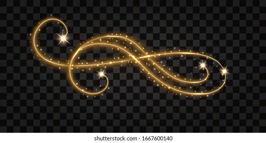 Gold glowing wave. Decorative flourish for your design. Light shine effect, golden swirl,  glittering sparkles snd stars. Vector illustration