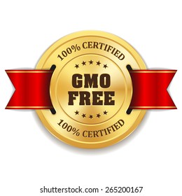 Gold gmo free badge with red ribbon on white background