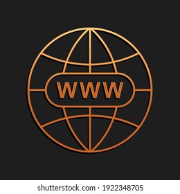 Gold Go To Web icon isolated on black background. Www icon. Website pictogram. World wide web symbol. Internet symbol for your web site design, app. Long shadow style. Vector.