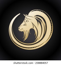 Gold goat in circle logo.