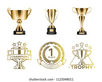 Gold goblets and round emblems for winners diploma. Shiny cups with special seals. Champions honorable awards realistic vector illustrations set.