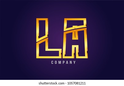 gold golden alphabet letter la l a logo combination design suitable for a company or business on a puple blue background