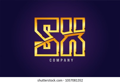 gold golden alphabet letter sx s x logo combination design suitable for a company or business on a puple blue background