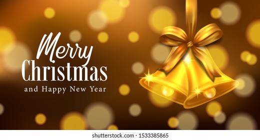 gold and golden bell with ribbon for luxury elegant with bokeh background christmas party event with poster banner template