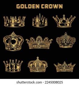 Gold, Golden crown vector set. Golden Crown With Gradient Mesh. King, prince and queen gold crown.  Set of gold crowns icons.