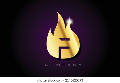 gold golden flames F alphabet letter logo design. Creative icon template for company and business