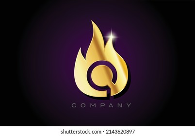 gold golden flames Q alphabet letter logo design. Creative icon template for company and business