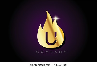 gold golden flames U alphabet letter logo design. Creative icon template for company and business