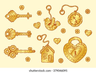 Gold. Golden Lock, Trinkets And Keys - Vector Vintage Set