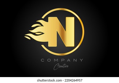 gold golden N alphabet letter icon for corporate with flames. Fire design suitable for a company logo