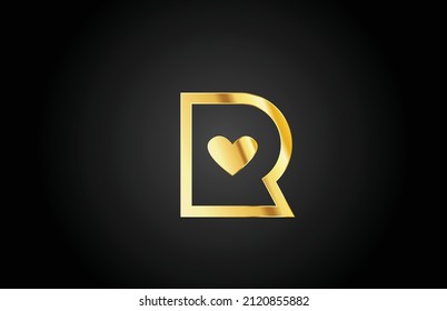 gold golden R love heart alphabet letter logo icon design. Creative template for business or company