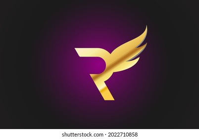 gold golden R wing alphabet letter logo icon. Creative design template for company