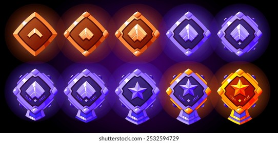 Conjunto de insignias de rango de nivel de bronce, plateado, dorado, plateado. Colores amarillo, azul y rojo. Vector realista con estrellas y cinta. Patente de rango militar para juegos. Perfecto para juegos.